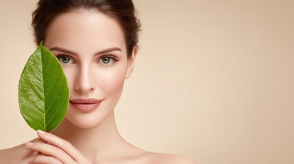 elegant studio shoot of a a french woman 28 years old with minimal makeup and fresh dewy skin holding a leaf, on clean beige background