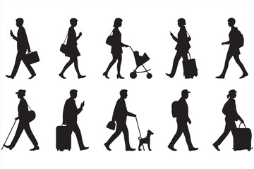 Vector Icons of Pedestrians with Items Like Luggage, Dogs, Backpacks, and Strollers with Descriptive Labels