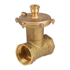 Closeup image of a brass valve on a clean white background