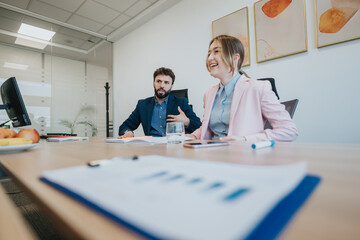 Fototapeta premium Two colleagues collaborate in a contemporary office, with written documents on the table and a vibrant atmosphere emphasizing professional interaction and teamwork.