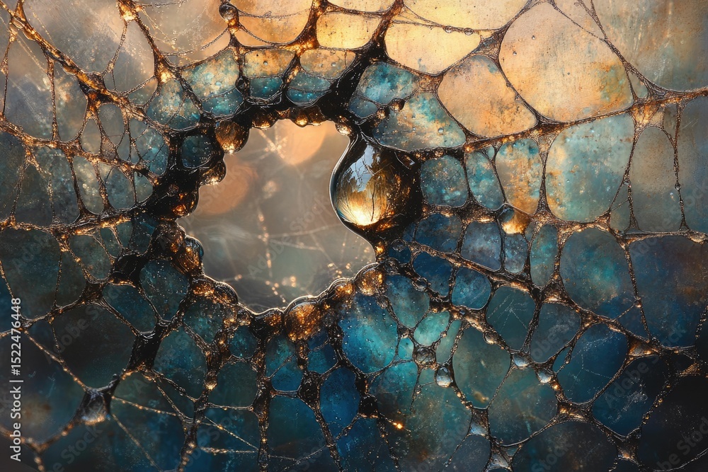 Aufkleber a mesmerizing abstract image showcasing a droplet suspended within a network of teal and gold, resem