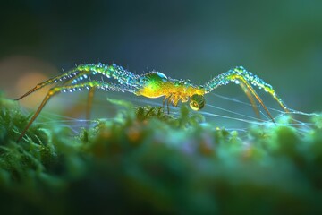 A tiny spider, glistening with morning dew, clings to a vibrant green moss.