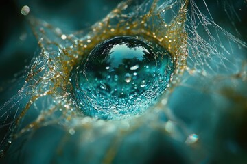 A mesmerizing teal water droplet rests within a delicate, golden spiderweb, reflecting nature's beauty.