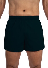 Back side of Male boxer raises his guard and stands below, wearing Green Muay Thai shorts, Green...