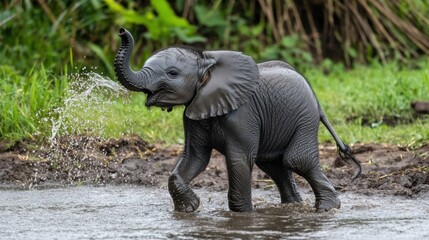 A baby elephant spraying water from its trunk with joy near a watering hole
