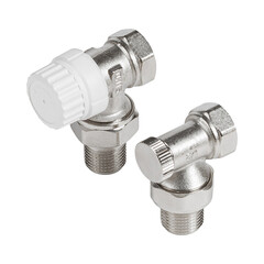 A detailed close up view of two valves set against a white background