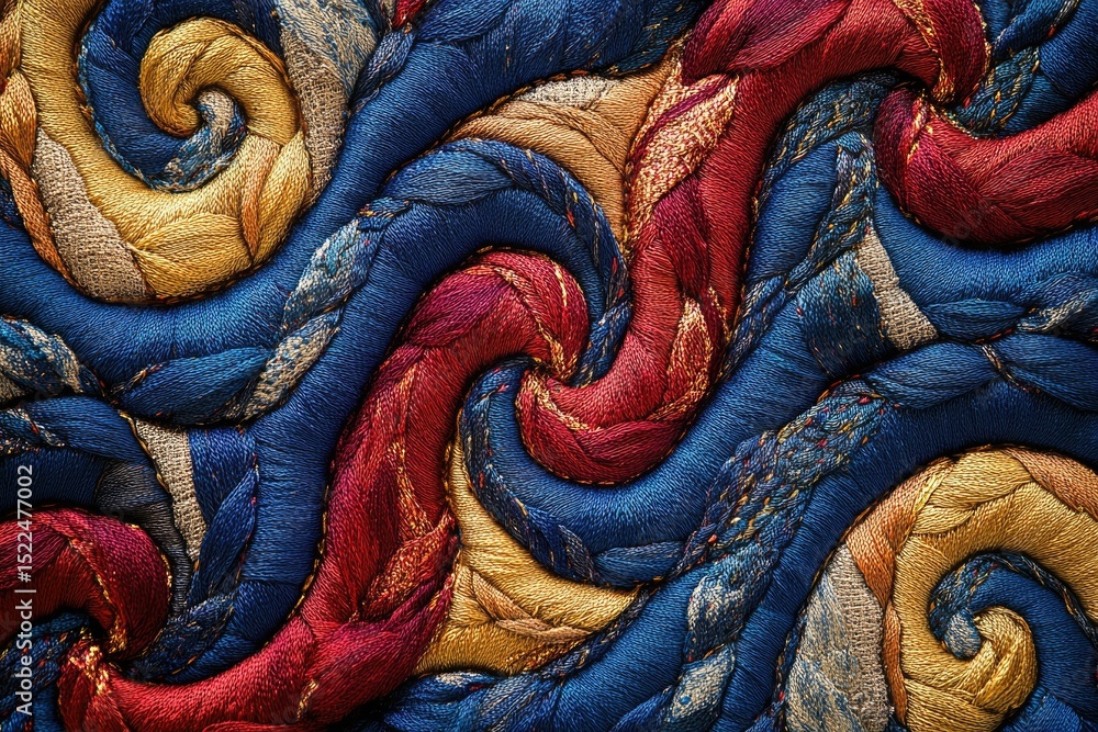 Poster intricate swirling patterns in blue, red, and gold thread create a mesmerizing textile art piece.