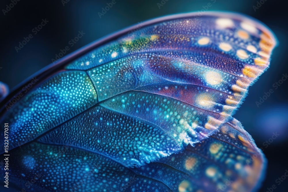 Aufkleber close-up of a vibrant butterfly wing, showcasing intricate patterns and iridescent colors.