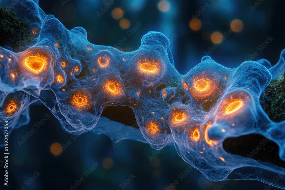 Poster Abstract microscopic image depicting a network of glowing cells, vibrant and intricate.