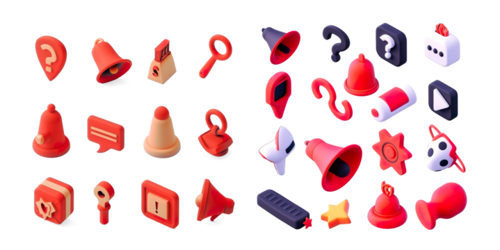 3D New important message icon set with bell, speech bubble, question and exclamation marks. Red danger notice. Reminder or notification. Cartoon design icons isolated on a Transparent Background
 