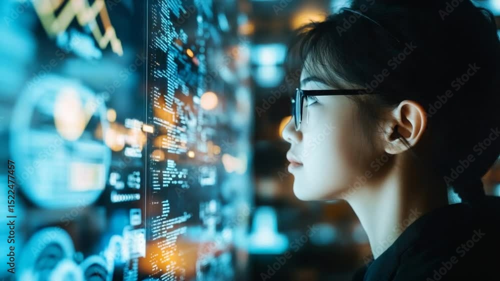Poster focused female programmer analyzing complex data on futuristic transparent screen