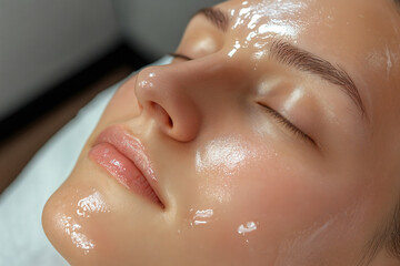 Close-up of a young woman with glowing, hydrated skin after facial treatment. Skincare procedure with moisturizing serum. Concept of beauty, wellness, and self-care in a spa.