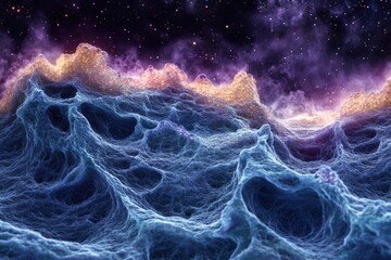 A stunning cosmic landscape, featuring a vibrant nebula and a textured, cavernous surface, evoking feelings of awe and wonder.