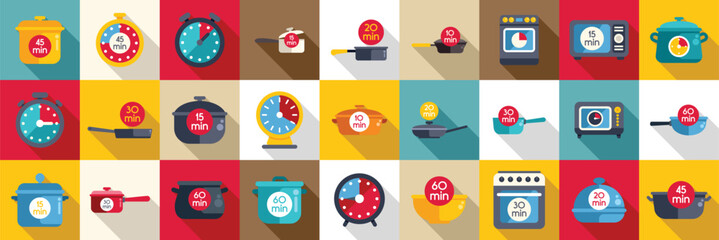 Cook time icons set. Colorful cooking time icons represent various cooking methods and kitchen timers, displaying cooking durations in minutes