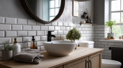 Bathroom features clean white tiles wood accents and a round mirror. A sink soap and plant add visual interest AI generated