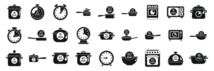 Cook time icons set. Set of cooking time icons representing various cooking durations for different kitchenware, using timers and clocks to indicate preparation times
