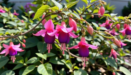 a wide angle shot of the bell shaped flower (fuchsia spp.), captured with a 24mm lens, f/5