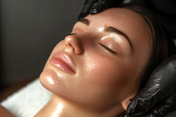 Close-up of a young woman receiving a relaxing facial massage in a spa. Glowing, healthy skin under gentle black-gloved hands. Concept of skincare, wellness, and beauty routine.
