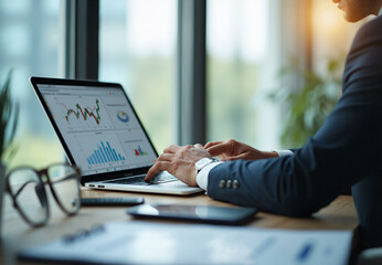 Man using data dashboard. Businessman with laptop working with financial report, market analysis and business strategy. Data dashboard closeup