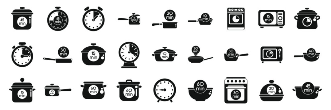 Cook time icons set. Set of cooking time icons representing various cooking durations for different kitchenware, using timers and clocks to indicate preparation times
