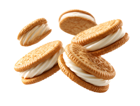 flying cookies vanilla cream filled biscuits on clipping path transprent