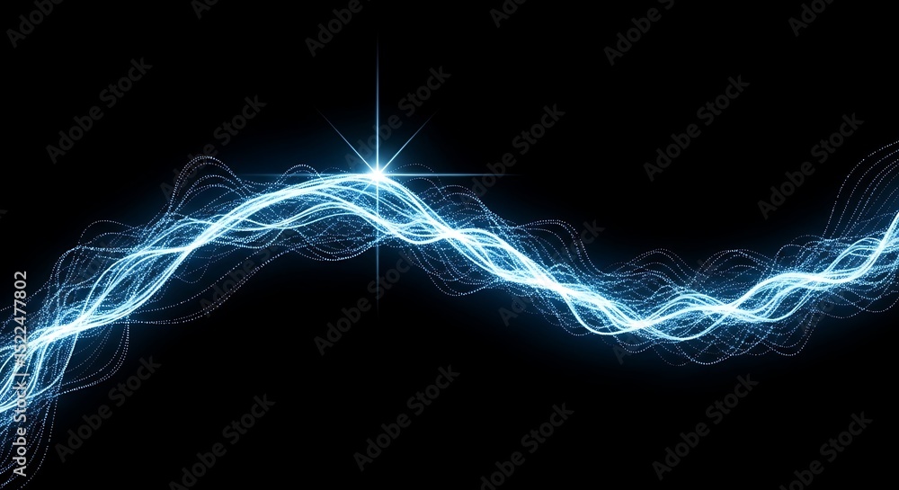 Poster abstract blue light trails with a bright star on a black background representing energy technology a