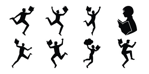 Silhouettes of Jumping People Reading Books – Vector Collection on white background