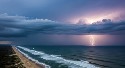 Lightning strike over ocean beach dramatic coastal storm scene symbolizing nature s power and raw beauty