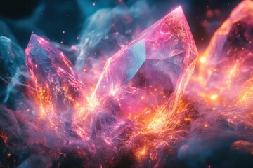 Glowing crystals emerge from fiery, smoky depths, showcasing vibrant pink and blue hues.