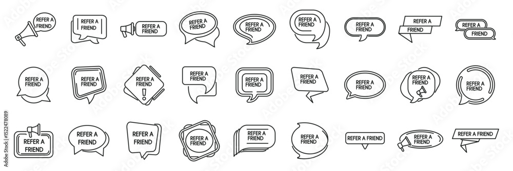 Poster refer friend icons set. refer a friend icons showing referral program and marketing strategy for cus