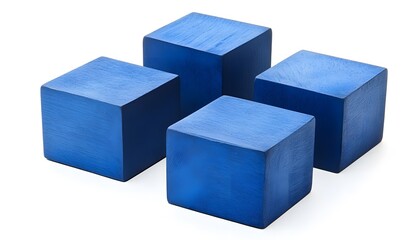 Four vibrant blue wooden cubes arranged in a geometric pattern.