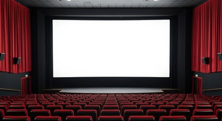 Empty movie theater with blank screen red seats and curtains symbolizing potential and cinematic experience
