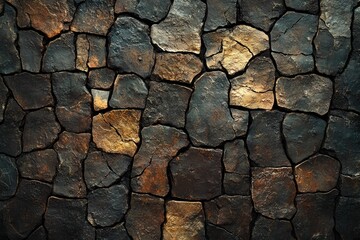 Irregular dark and gold stone wall texture.  Rustic, aged, and uneven surface.