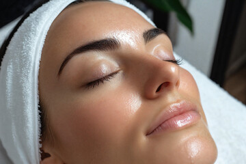 Close-up of woman relaxing with radiant skin after facial care. Skincare and wellness treatment in a modern beauty salon.