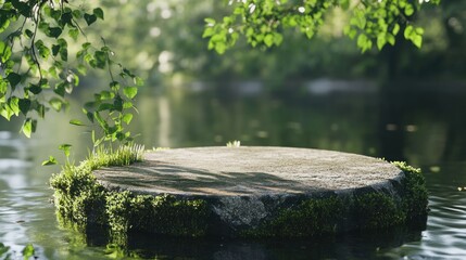 Flat stone platform in a tranquil pond setting.