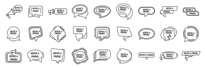 Refer friend icons set. Refer a friend icons showing referral program and marketing strategy for customers to share with their network