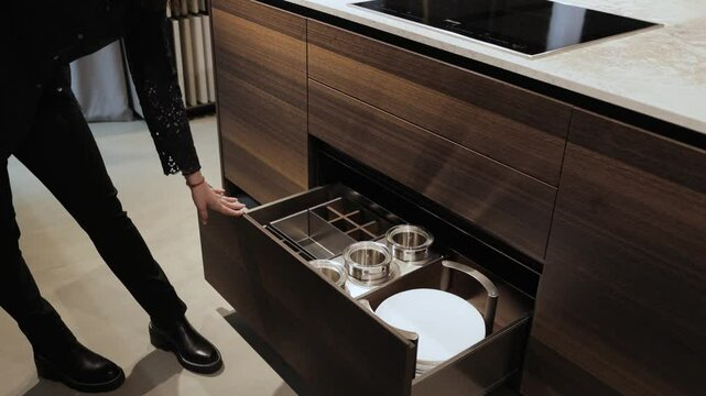 Close-up of a woman's hand opening an empty kitchen drawer. Displaying stylish and sleek kitchen drawers filled with wellorganized cookware and a modern design aesthetic