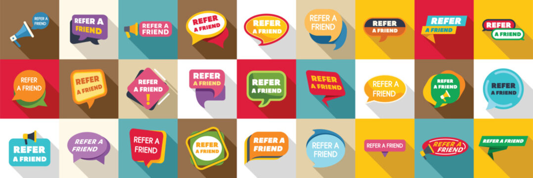 Refer friend icons set. Colorful refer a friend announcement with megaphone and speech bubbles promoting referral program