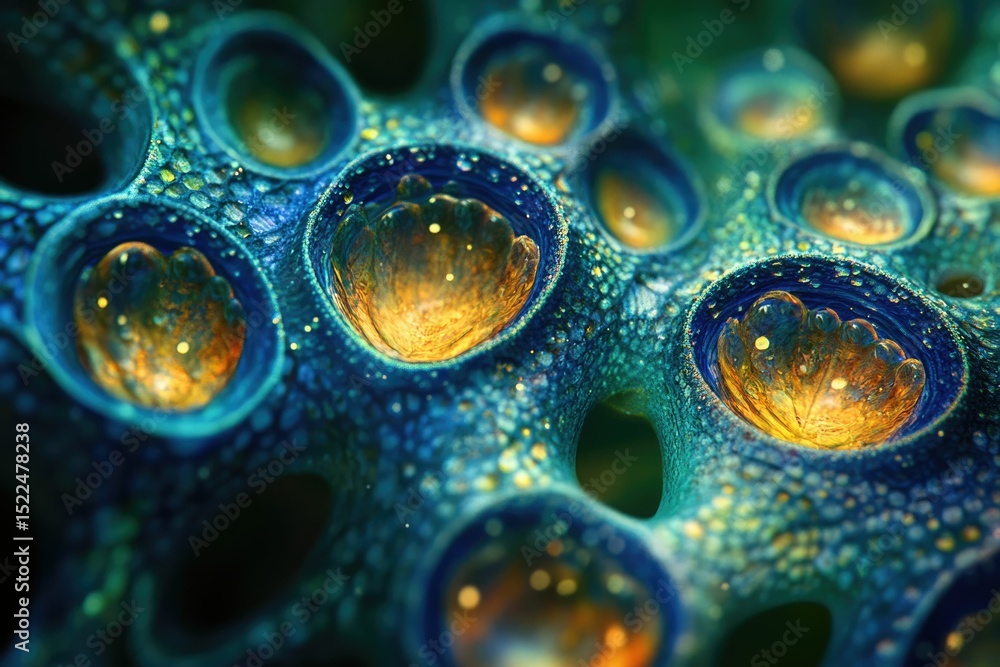 Poster Abstract microscopic view of a vibrant teal and gold organic structure, resembling a cellular network with glowing inner cavities.