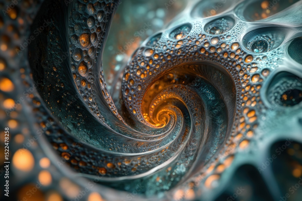 Poster Abstract swirling fractal art with metallic texture, featuring teal and gold tones, creating a mesmerizing visual experience.