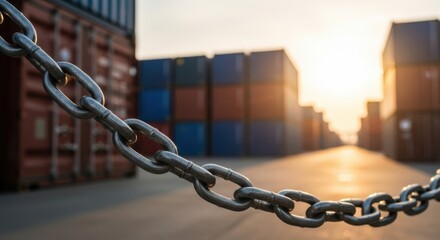 Metal chain in front of shipping containers symbolizing global trade and supply chain connections