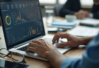 Man using a laptop computer. Business analyst typing on keyboard and working on financial report, market analysis and investment project, company performance data dashboard on screen
