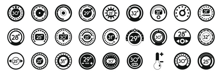 Thermostat ui icons set. Set of simple black round icons showing different temperatures in celsius and fahrenheit, ideal for representing temperature control in various contexts