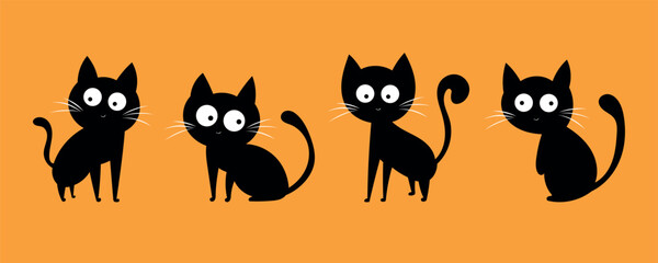 Cute black cats silhouette cartoon set on orange background, Halloween and pet-themed illustration