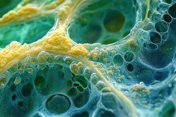 Microscopic view of a complex biological structure, showcasing intricate network of cells and porous formations.