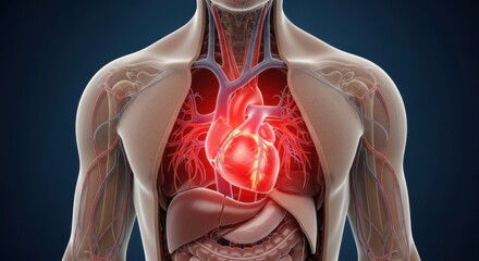 Human heart anatomy illustration showing cardiovascular system and blood vessels with glowing red heart symbolizing health and circulation