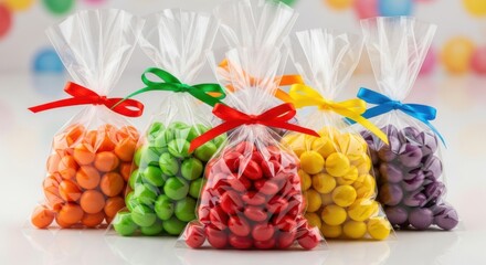 Colorful candy bags tied with ribbons symbolizing celebration and festivity