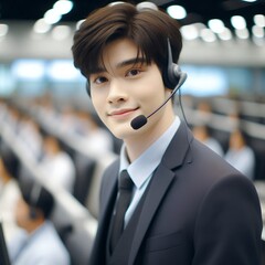 Smiling Asian Male Call Center Agent Wearing Headset in Modern Office for Customer Support and Communication Service Concept with Generative AI.