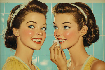 Smiling retro women applying lipstick in vintage bathroom. Pop art style illustration of classic beauty and 1950s glamour
