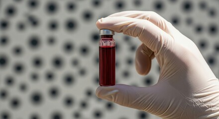 A gloved hand holding a vial of red liquid symbolizing medical research and healthcare innovation